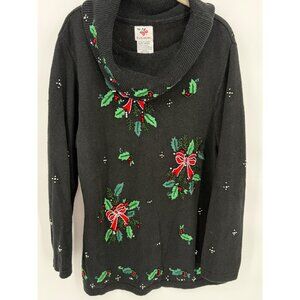 Vintage Nutcracker Womens Large Cowl Neck Black Holiday Sweater With Embroidered